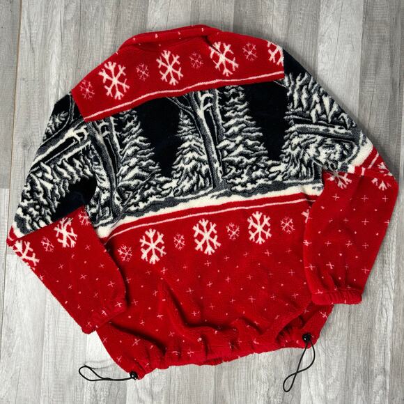 Vintage 90s Fleece Bomber Jacket Winter Landscape Tree Snowflake Red XL - Picture 3 of 8